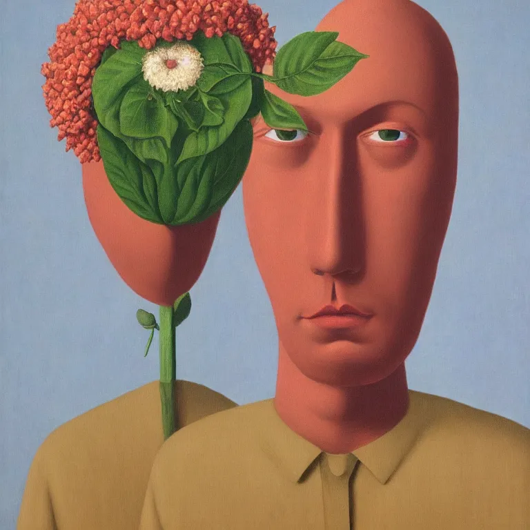 Image similar to portrait of a faceless beautiful flower - head man by rene magritte, detailed painting, distance, centered, hd, hq, high resolution, high detail, 4 k, 8 k