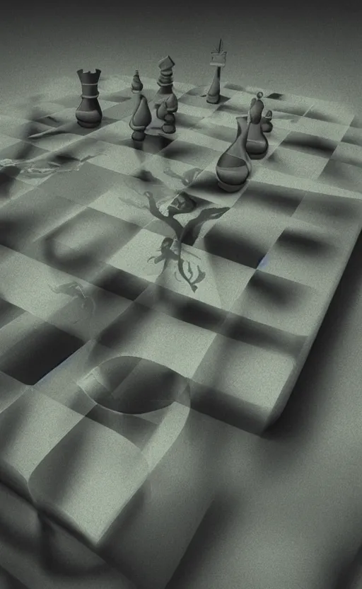 Image similar to surreal dali chess landscape, volumetric lighting, early morning, 3d liminal grainy surreal aesthetic illustration, highly detailed, soft render