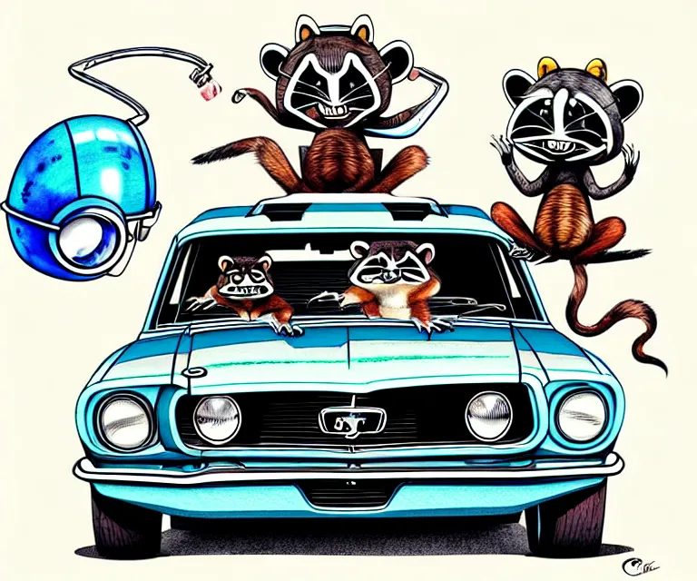 Image similar to cute and funny, racoon wearing a helmet riding in a tiny 1 9 6 7 ford mustang shelby, ratfink style by ed roth, centered award winning watercolor pen illustration, isometric illustration by chihiro iwasaki, edited by range murata