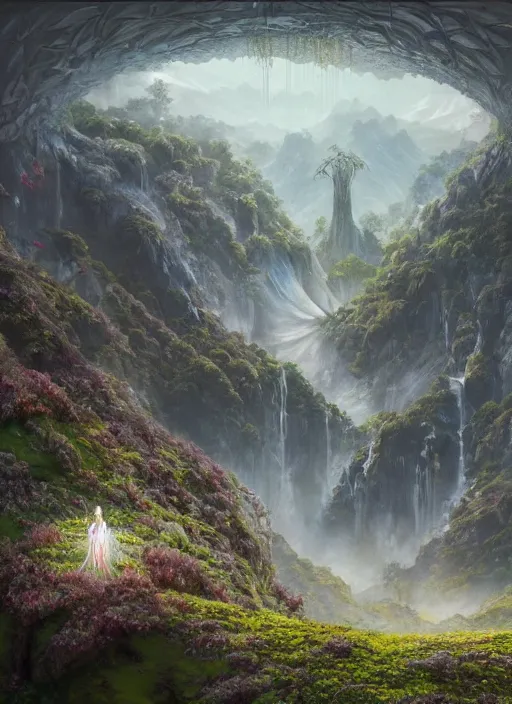 Image similar to Rivendell Himeji hallucination, amazing concept painting, by Jessica Rossier A gleaming white opera hall fortress overlooks a fertile valley, brutalist deak ferrand Jean-pierre Ugarte bases, garden of eden, by HR giger by Beksinski,