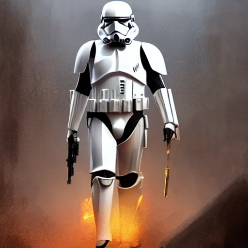 Image similar to an extremely long shot of an imperial stormtrooper walking concept art by Doug Chiang cinematic, realistic painting, high definition, very detailed, extremely high detail, photo realistic, symmetrical, concept art, the Mandalorian concept art style