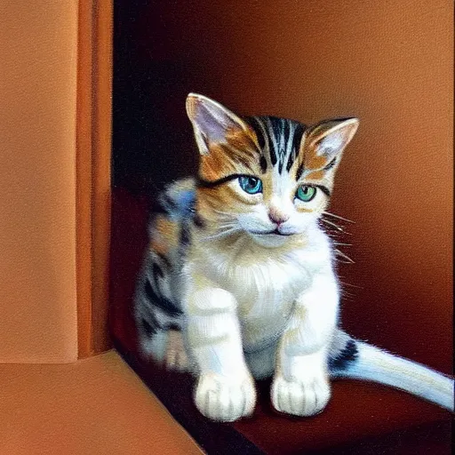 Image similar to highly realistic painting of a little cat alone on a big stage in grand theatre