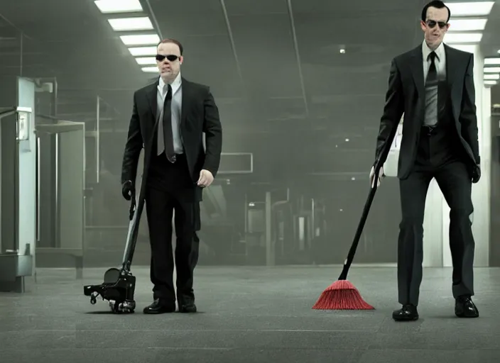 Prompt: film still of agent smith working as a janitor in the new matrix movie, 4 k