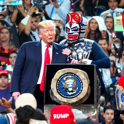 Image similar to Donald trump as an mexican luchador getting deported