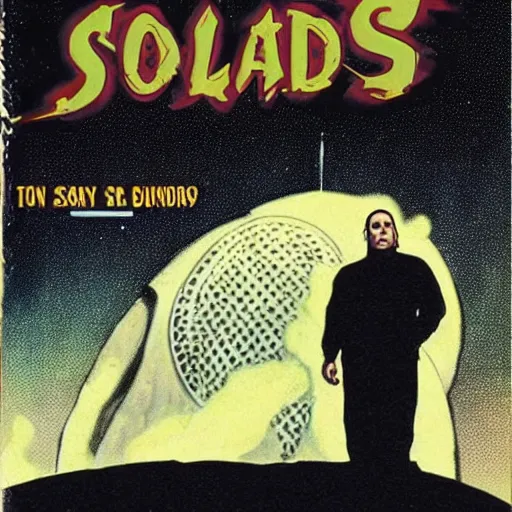 Prompt: tony soprano wearing a stillsuit riding a sandstorm Shai hulud sci fi 1970s book cover