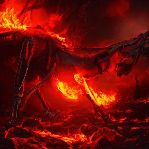 Image similar to A firey, hellish world with black ivory skeletons, dynamic lighting, cinematic, ultra detailed, creative, stunning visuals, hyperrealism, trending on art station