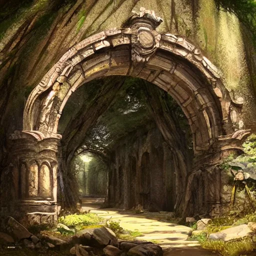 Image similar to concept art painting of an ornate ancient stone archway, in the woods, realistic, detailed, cel shaded, in the style of makoto shinkai and greg rutkowski and james gurney