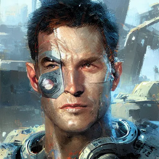 Prompt: heroic (man) cyborg, sci fi portrait by craig mullins