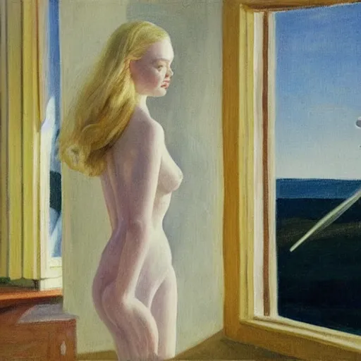 Image similar to Painting of Elle Fanning being abducted by aliens, long blonde hair, delicate, pale milky white porcelain skin, by Edward Hopper. 8K. Extremely detailed.