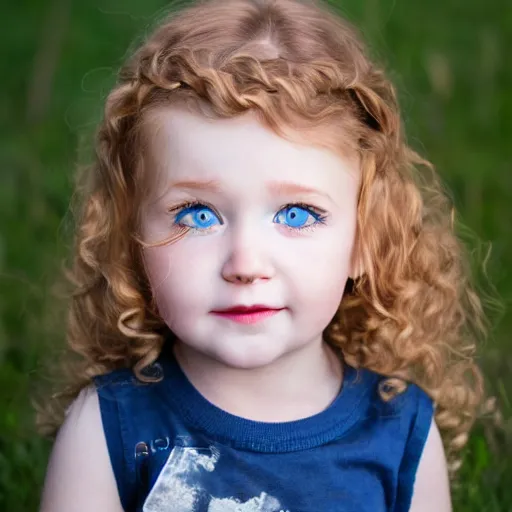 Prompt: Beautiful mischievous cute toddler girl, sunken dark blue eyes, short golden curls