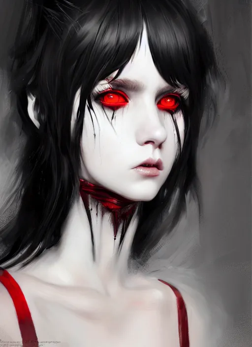 Image similar to portrait of white teenage girl, normal face, black bangs, mall goth, cyberlox, black and white hair, bangs, fluffy bangs, red contacts, intricate, elegant, highly detailed, digital painting, artstation, concept art, sharp focus, smooth, illustration, art by wlop, mars ravelo and greg rutkowski