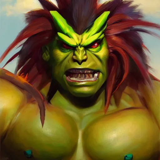 Image similar to greg manchess portrait painting of partially armored blanka from street fighter as overwatch character, medium shot, asymmetrical, profile picture, organic painting, sunny day, matte painting, bold shapes, hard edges, street art, trending on artstation, by huang guangjian and gil elvgren and gerald brom