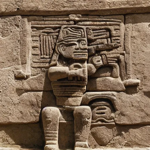 Image similar to a photograph of an ancient ruin monument depicting a man playing a synthesizer, maya, inka, aztec