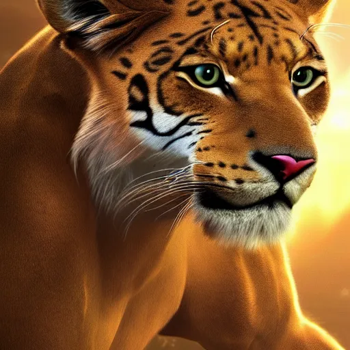 Image similar to mix of puma and jaguar and lion and tiger jumping over a cliff, giant cat monster, 8 k ultra realistic animal, detailed intricate fur, flame in the fur, full of colour, cinematic lighting, battered, trending on artstation, 4 k, hyperrealistic, focused, extreme details, unreal engine 5, cinematic, masterpiece, art by ayami kojima