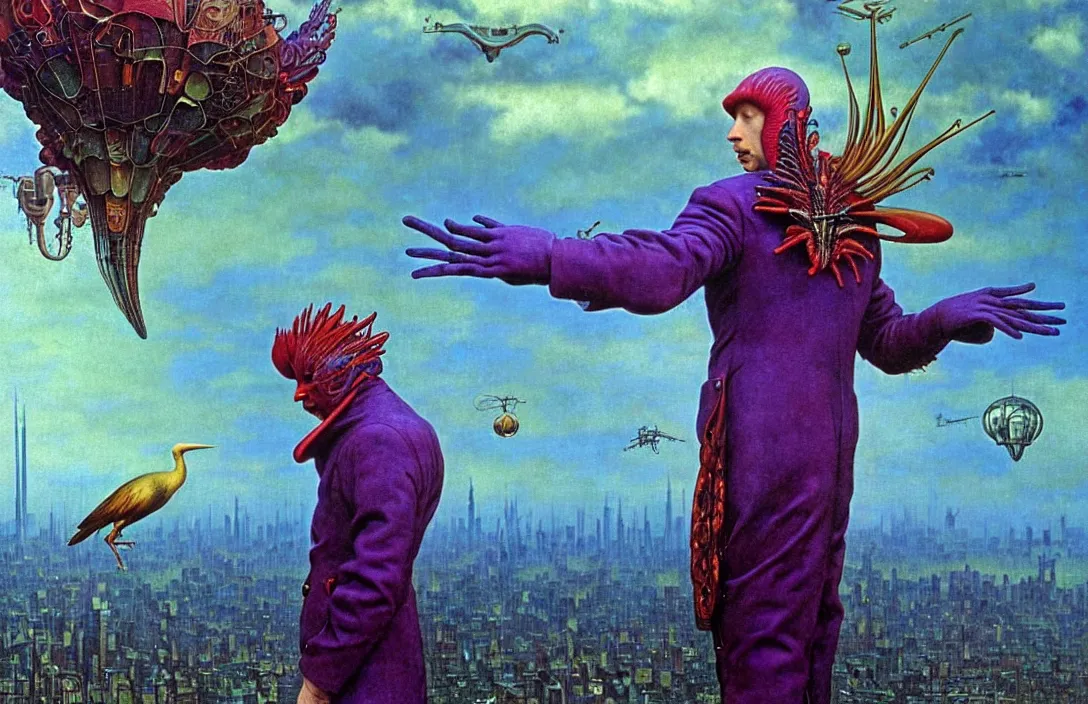 Image similar to realistic detailed portrait movie shot of a birdman wearing violet leather coat, sci fi city landscape background by denis villeneuve, amano, yves tanguy, alphonse mucha, ernst haeckel, max ernst, roger dean, masterpiece, rich moody colours, blue eyes