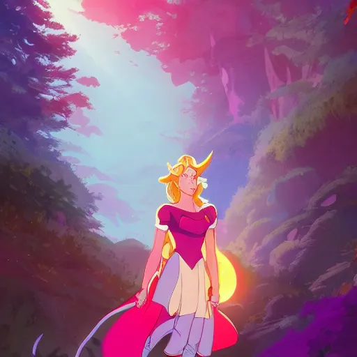 Image similar to portrait of adora from she-ra, colorful fantasy forest background, rich vivid colors, ambient lighting, dynamic lighting, 4k, HQ, official media, anime key visual, makoto shinkai, ilya kuvshinov, lois van baarle, rossdraws, detailed, trending on artstation