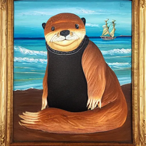 Image similar to An otter dressed as a pirate sitting on a beach drinking rum, oil on canvas painting