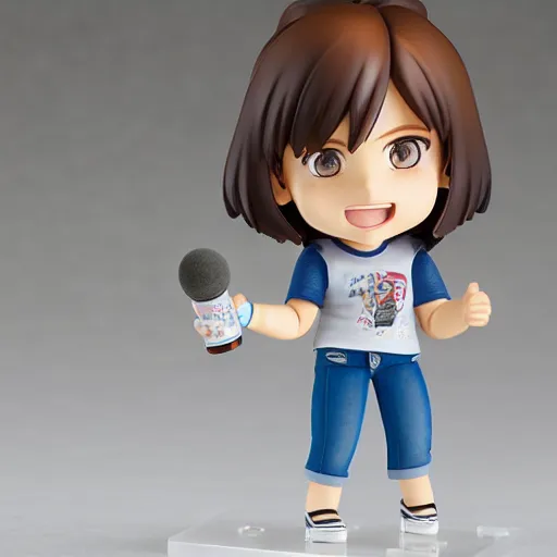 Prompt: girl with straight brown hair white tee shirt and bluejeans with a microphone in hand, a nendoroid figurine, realistic face, detailed, product photography