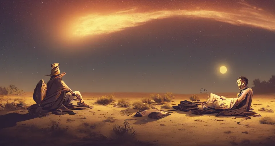 Image similar to a man resting in the desert at night, artstation