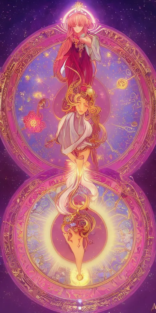 Image similar to clow card style astrologer's prayer, mythology, star guardian, unreal engine 5, art nouveau, vivid colors, intense colors, deep shadows, intricate, symmetry, high detail, elegance, sunlit, clear focus, art of alphonse maria mucha, art workstation