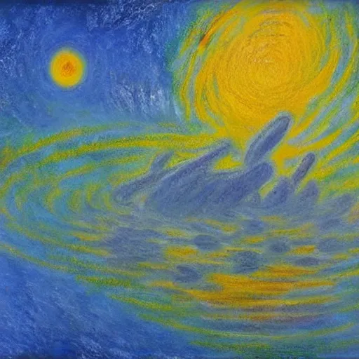 Image similar to a starship in orbit of a large blue planet in the style of monet.