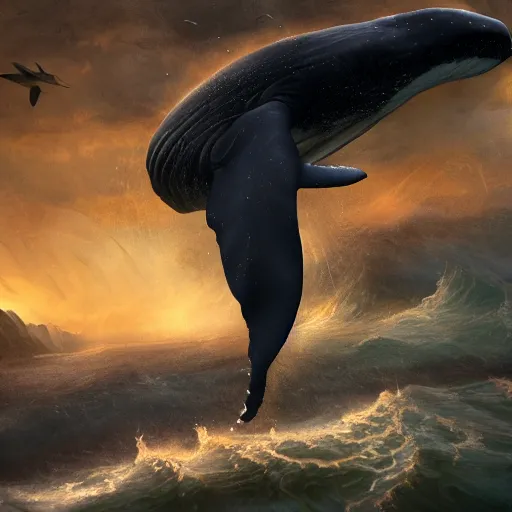 Prompt: a whale flying over an eldritch apocalyptic landscape covered in monstrosities by bekinski, fantasy art, 4k, HDR, photorealistic, 8k, trending on artstation