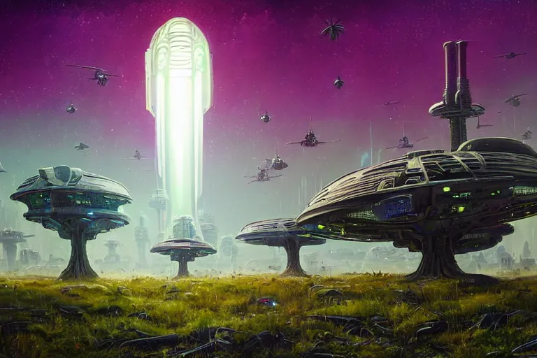 Prompt: Epic science fiction landscape. In the foreground is soldiers in battle-armor and a futuristic tank!!, in the background vibrant colourful alien trees and alien vegetation. An abandoned alien spaceship is between them. On the horizon a futuristic city. Vibrant colours, stunning lighting, sharp focus, extremely detailed intricate painting inspired by H.R. Giger and Simon Stalenhag