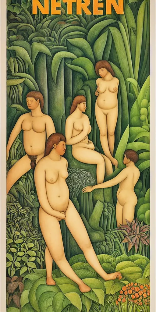 Prompt: 1980 naturist garden movie poster, drawings in part by Diego Rivera, part by Ernst Haekl, text by William S Boroughs, written by Michael Ende
