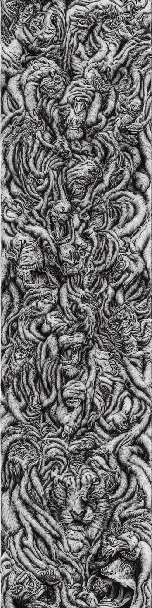 Prompt: lions and tiger and bears dissolving into melted liquid braids, cubensis, aztec, basil wolverton, r crumb, hr giger, mc escher, dali, muted colors