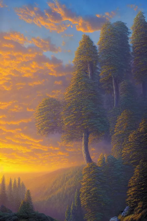 Prompt: A beautiful ultra detailed matte painting sunrise in the black forest magical, by rob Gonsalves, trending on artstation
