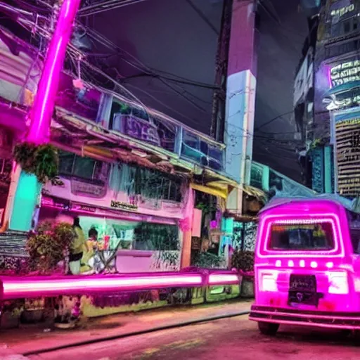 Image similar to a pink cyberpunk philippine jeepney at a neon lit busy road