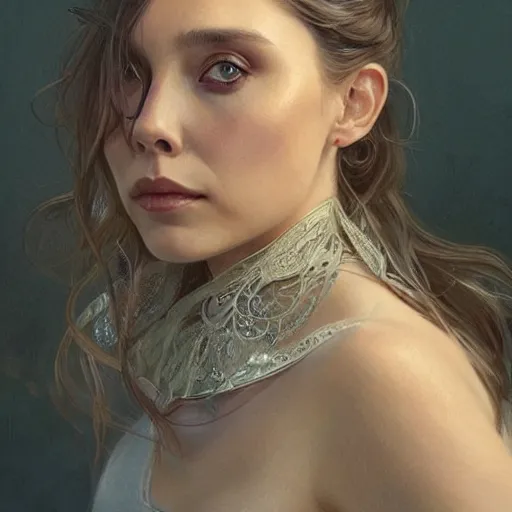 Image similar to ultra realistic illustration, elizabeth olsen, intricate, elegant, highly detailed, digital painting, artstation, concept art, smooth, sharp focus, illustration, art by artgerm and greg rutkowski and alphonse mucha