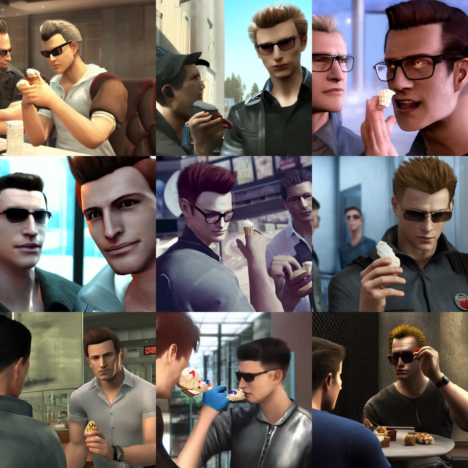 Prompt: albert wesker from resident evil eating ice cream with alex mercer from prototype, 4 k gameplay screenshot