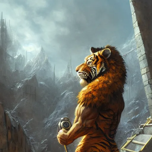 Prompt: shredded physique crisp defined furry fuzzy Man Streetfighter the elder scrolls oblivion Dude wearing Tiger Costume standing atop dumpster greg rutkowski greg danton tony sart raymond swanland chris foss chris cold christophe norman rockwell young acrylic 4k artstation wikiart wikipedia realism tilt-shift