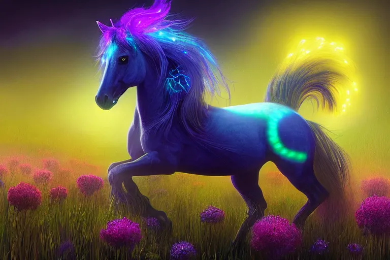 Image similar to a stunning digital painting of a flowerpunk horse with a mane of bioluminescent flowers running through a meadow by eddie mendoza, volumetric light, digital art, fine detail, photorealistic