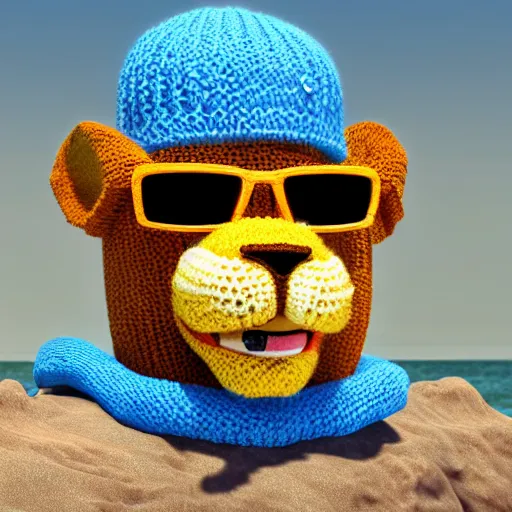 Prompt: a photorealistic picture of a knitted smiling male lion wearing blue sunglasses and a beanie cap at the beach Trending on Artstation, featured on Behance, well-rendered, Unreal Engine, 4K HD