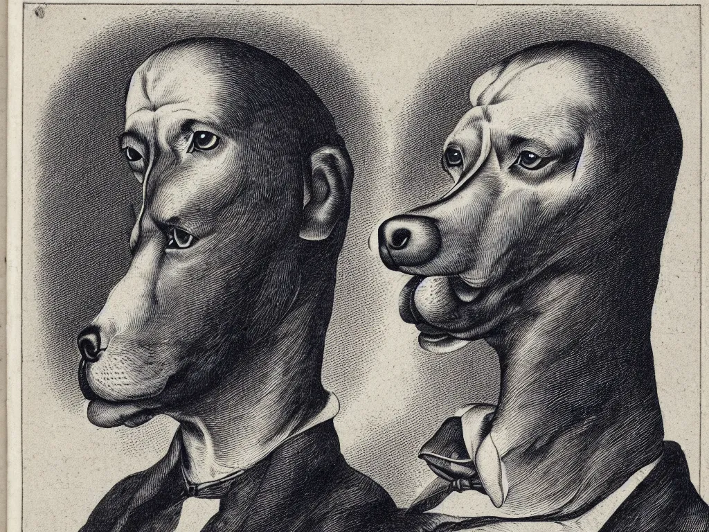 Prompt: a perfect hyperbolic projection of a man after his head has been replaced by that of a dog