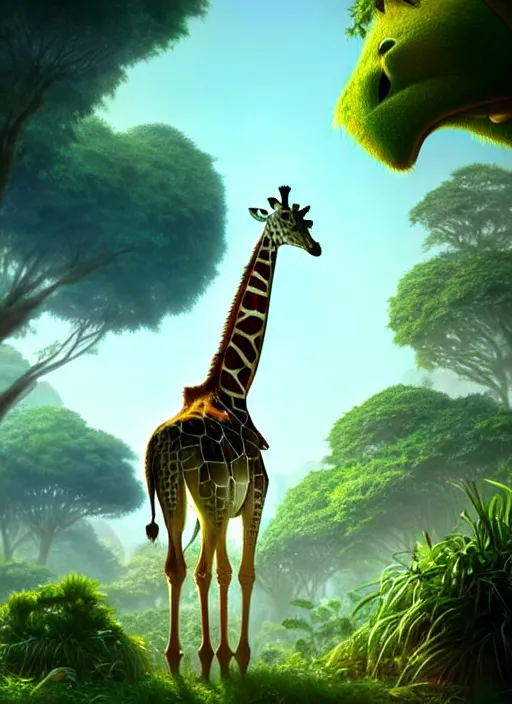 Image similar to a wholesome animation key shot of a giraffe, jungle in the background, studio ghibli, pixar and disney animation, sharp, rendered in unreal engine 5, anime key art by greg rutkowski, bloom, dramatic lighting