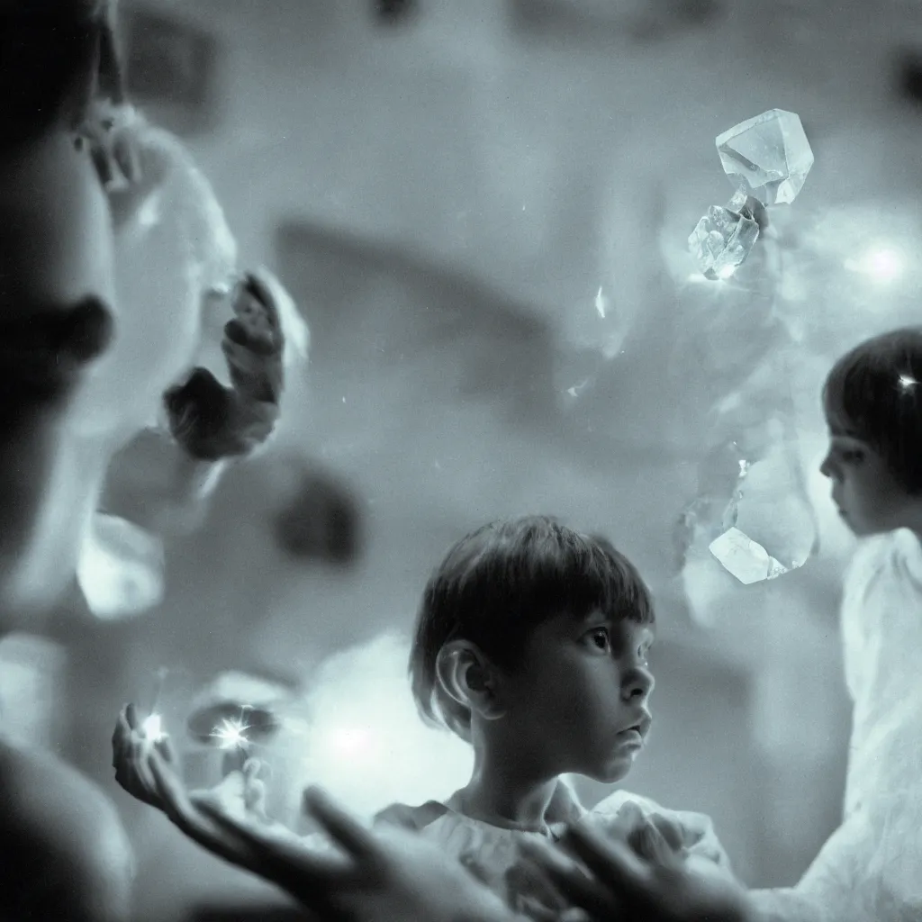 Prompt: dramatic opaline alien crystal levitating in the hands of a young awestruck child, cinematic, movie still, 35mm film, epic beautiful lighting