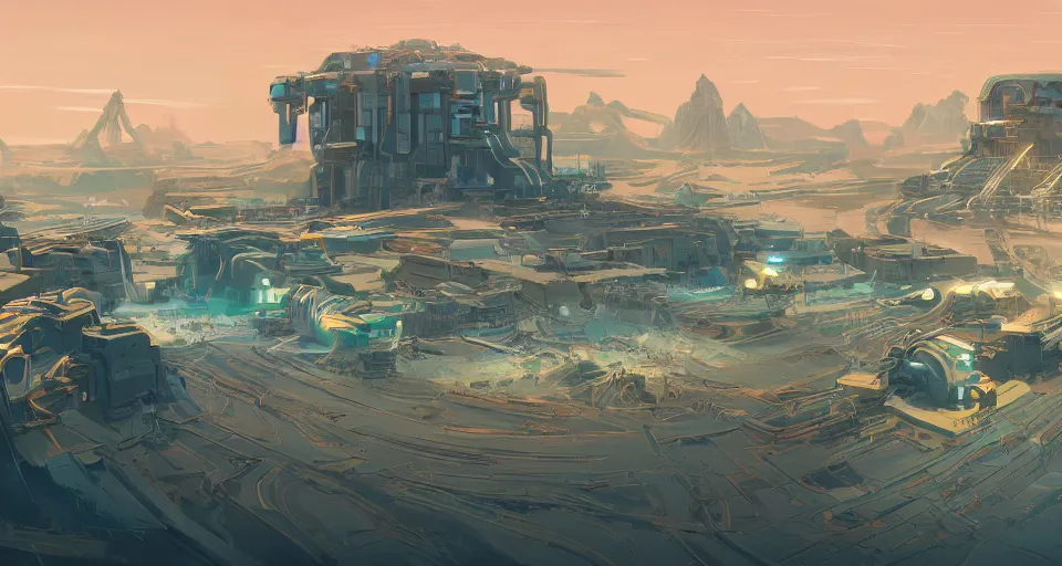 Image similar to detailed concept art of advance civilization research building and infrastructure with hundreds of humans working around on sand planet like dune, landscape, digital, landscape, sci - fi, cinematic lighting