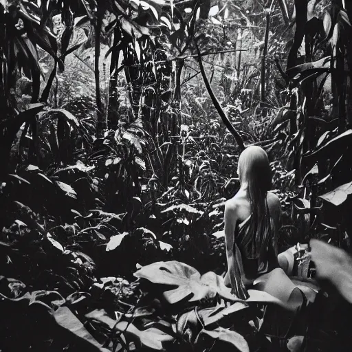 Image similar to photograph of a female model wearing camouflage by yohji yamaoto in a dense and misty jungle in the style of daido moriyama, camera obscura, 3 5 mm photography