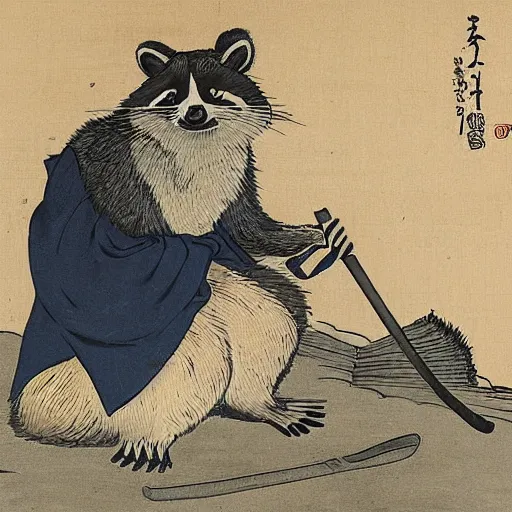 Prompt: A raccoon wearing formal clothes, wearing a tophap and holding a cane. The raccoon is holding a garbage bag. Oil painting in the style of Hokusai