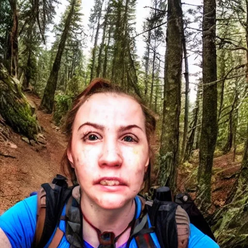 Prompt: the last thing a hiker took a selfie with before she disappeared, horror, scary, creepy, uhd, 8 k, photo,
