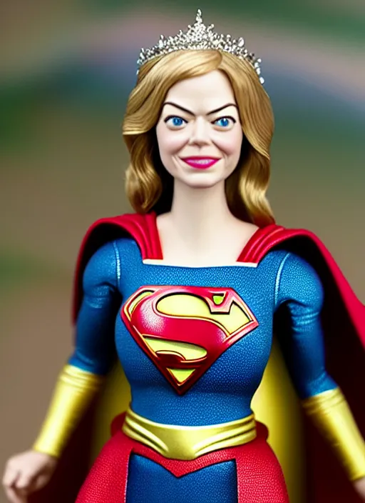 Image similar to highly detailed closeup, face profile portrait of a tin toy emma stone as supergirl as a fairytale princess wearing a crown, bikini, unreal engine, nicoletta ceccoli, mark ryden, earl norem, lostfish, global illumination, detailed and intricate environment