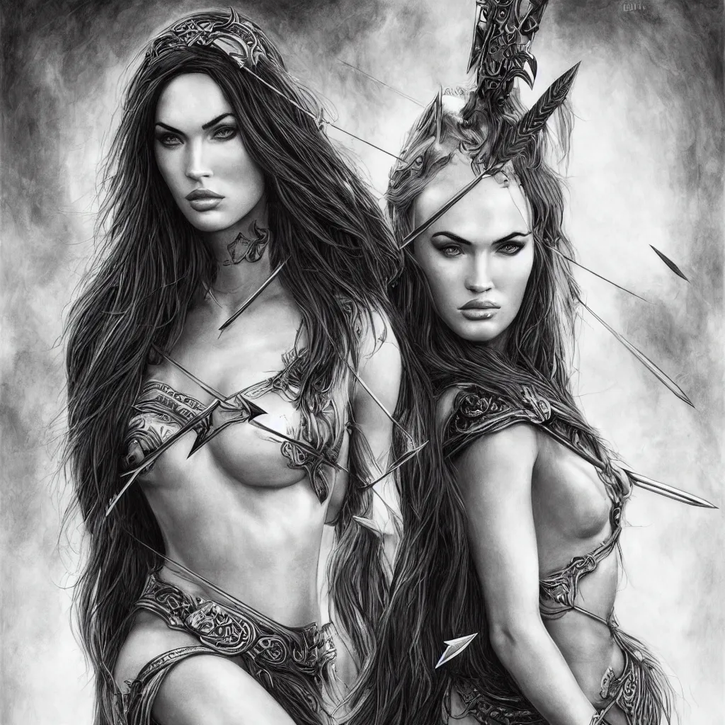 Image similar to portrait of beautiful megan fox as greek goddess aphrodite, archer, arrow on the head, beautiful piercing eyes, flowing blonde hair, realistic face, black and white drawing, in the style of greg rutkowski, fantasy, amazing detail, epic, intricate, elegant, smooth, sharp focus