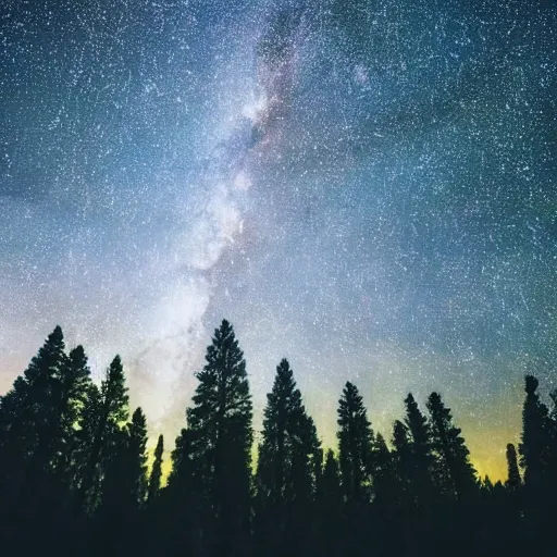 Image similar to silhouettes of pine trees in front of Milky Way galaxy, beautiful nature photography, Astrophotography, award winning