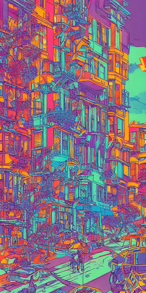 Image similar to the haight in san francisco an ultrafine detailed illustration by james jean, intricate linework, bright colorful colors, behance contest winner, vanitas, angular, altermodern, unreal engine 5 highly rendered, global illumination, radiant light, detailed and intricate environment