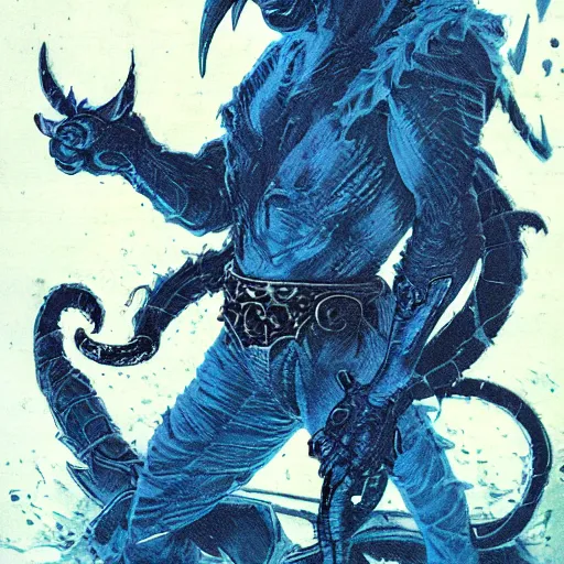 Image similar to blue woodcut print cartoon, tiefling by greg rutkowski, fine details, highly detailed