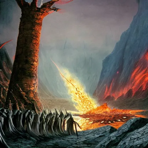 Image similar to Tolkien's The Silmarillion, morgoth attacking the valar, ultra detailed, matte painting, fire, water, earth, tree, army, epic, end of days, 8k