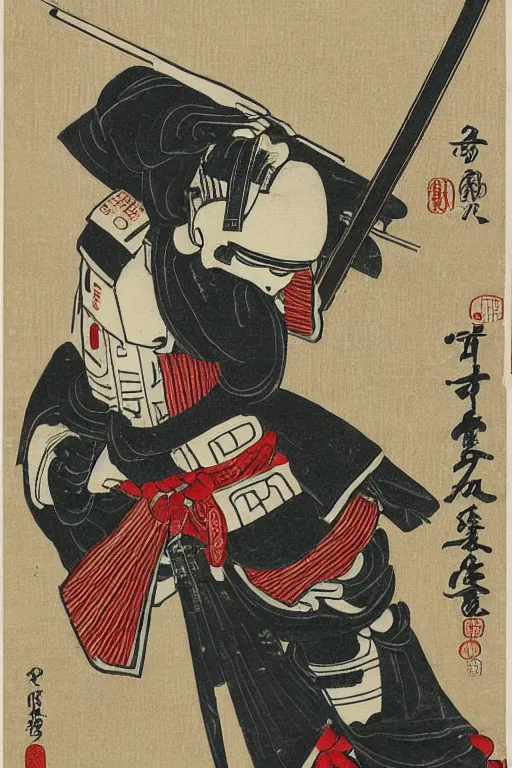 Prompt: Japanese woodblock print of a Stormtrooper holding nunchucks holding a samurai sword , cherry blossom, Hokusai